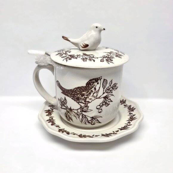 Vtg Andrea by Sadek Toile 4 pc Tea Cup Set Strainer Lid Elisabeth Trostli Bird - Picture 2 of 6